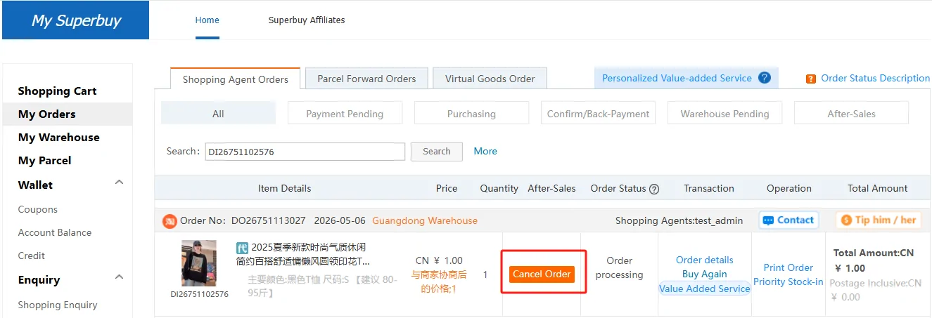 Operator order row with the Cancel Order button