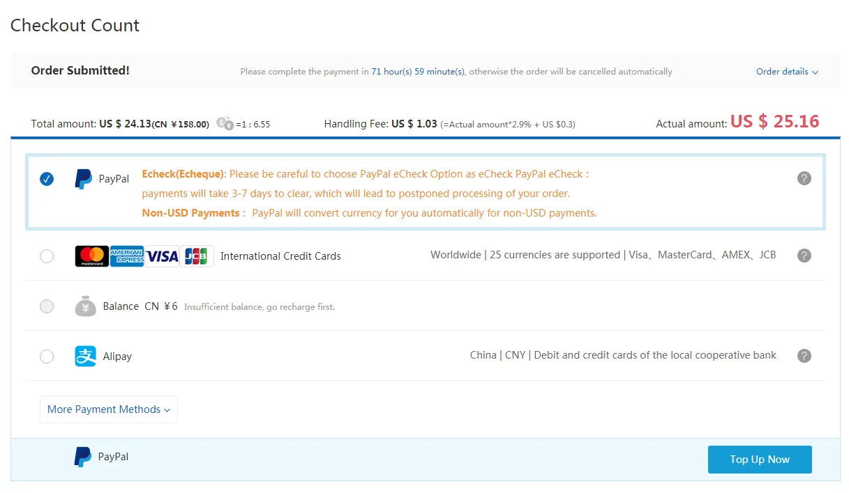 Operator checkout: PayPal, cards, balance and Alipay with the handling fee line