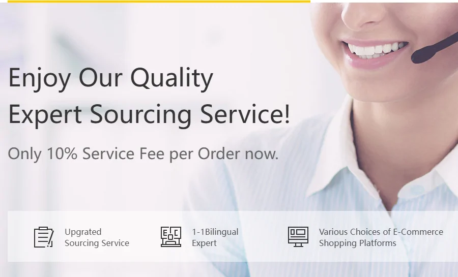 Operator Expert Sourcing page: the headline, the 10% service fee per order, and three claims underneath it, an upgraded sourcing service, a one-to-one bilingual expert and a choice of e-commerce platforms