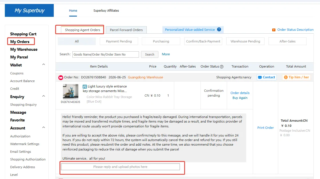 An order sitting at Confirmation pending: the agent name and a Contact button on the row above, the status itself in the Order Status column, the buyer's message about damage in transit, and a reply box outlined in red beneath it