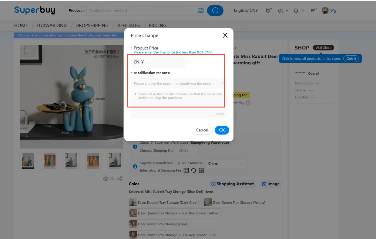 Operator listing with the Price Change dialog open: new price and modification reason