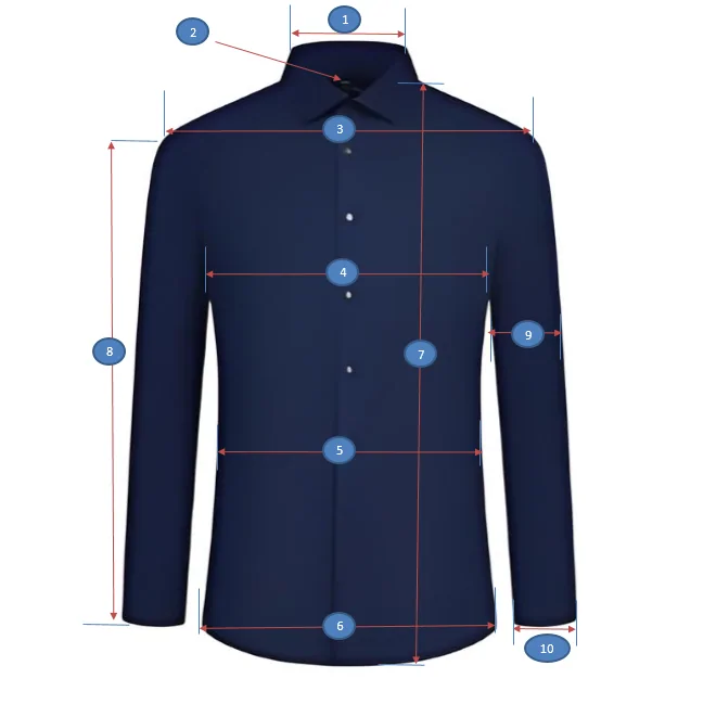 Operator detailed-photo guide: the ten measurement points on a shirt