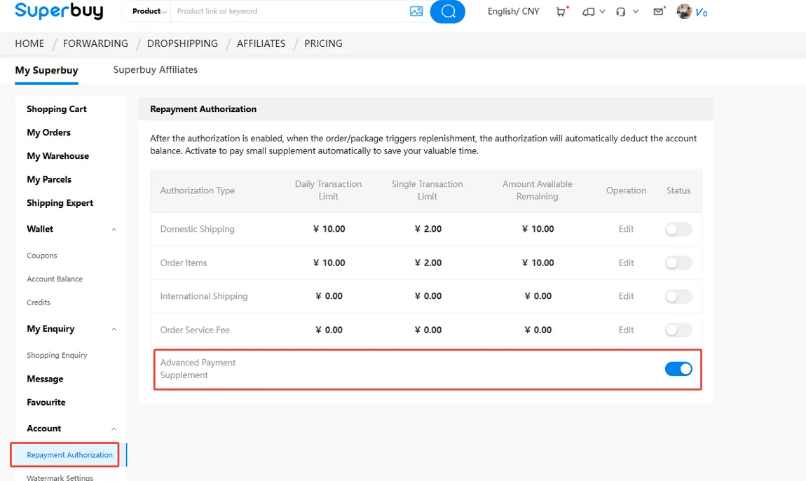 Operator Repayment Authorization screen: small supplementary payments switched on per type