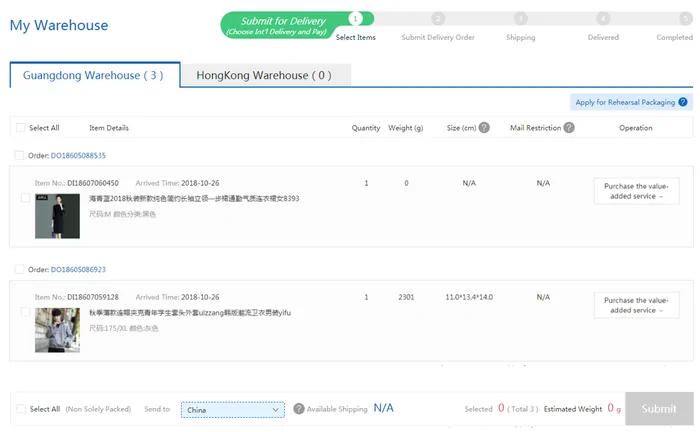 Operator My Warehouse screen: stored items with weight and the Submit for Delivery step