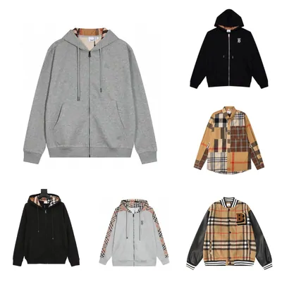 Six garments on white: a grey zip hoodie with the hood down, a black zip hoodie, a tan check shirt jacket, a black hoodie, a hoodie with a check-lined hood, and a check varsity jacket