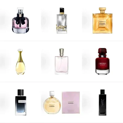 Nine perfume bottles in a three by three grid on white, in clear, amber, pink, black and red glass