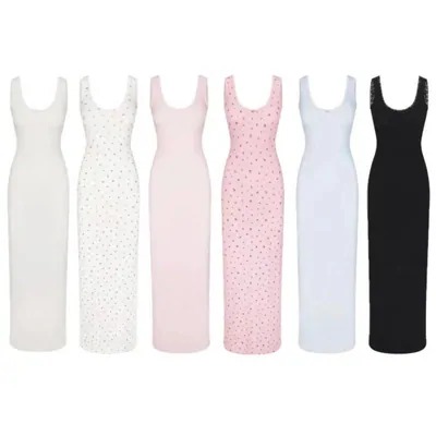 Six sleeveless full-length dresses side by side on white: plain white, spotted white, pink, spotted pink, pale blue and black